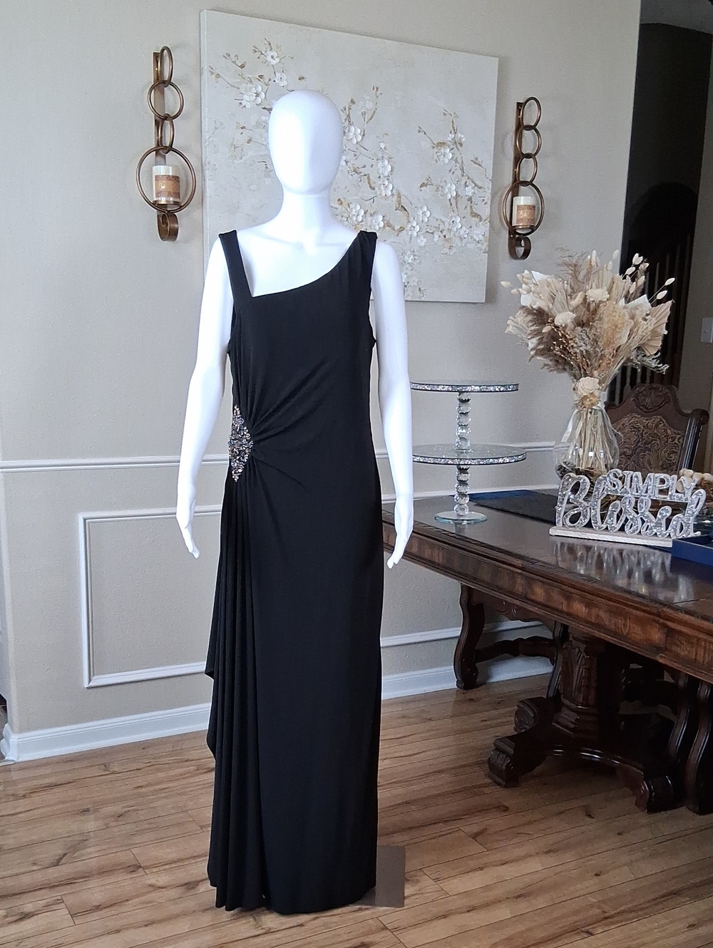 Women's Black Embellished Floor-Length Evening Gown By Cachet  Size 14 - Picture 4 of 15